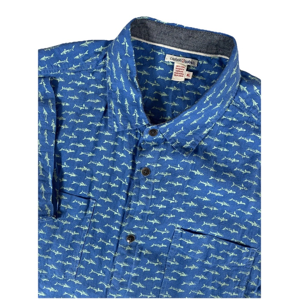 Carbon 2 Cobalt Blue Linen‎ All Over Fish Print Short Sleeve Button Up Shirt XL